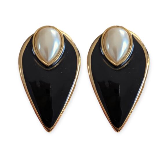 Iconic 70s 80s Art Deco Revival Enamel Pearl Earrings - Picture 1 of 3